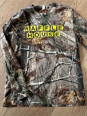 Waffle House Camo T-Shirt Medium Long Sleeve Shirt Hunting Camouflage Crew